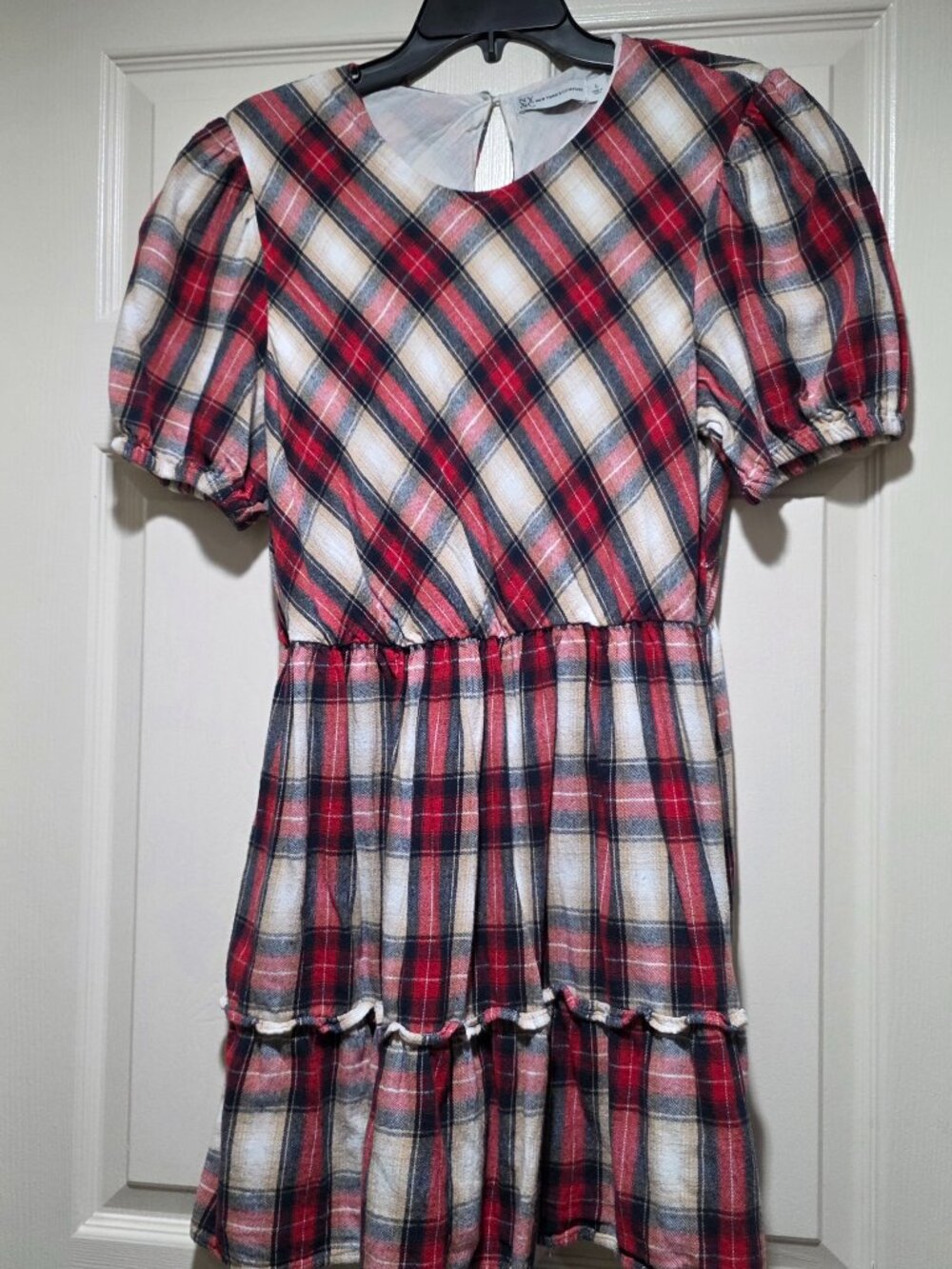 New York & Company Plaid Puff Sleeve Dress Size L 100% Cotton Description: